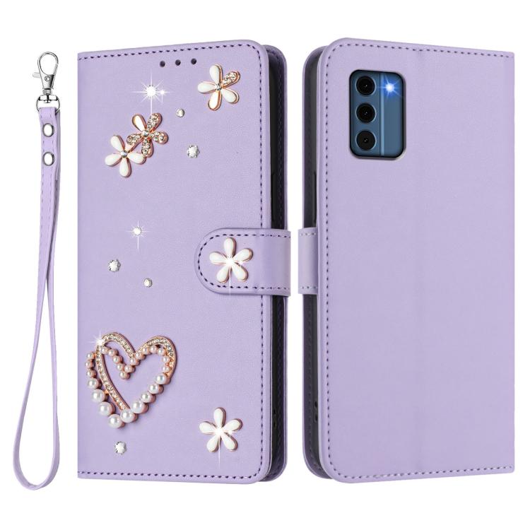 For Nokia C300 ZS01 Double-Layer Heart Floral Vegan Leather Phone Case with Wrist Strap