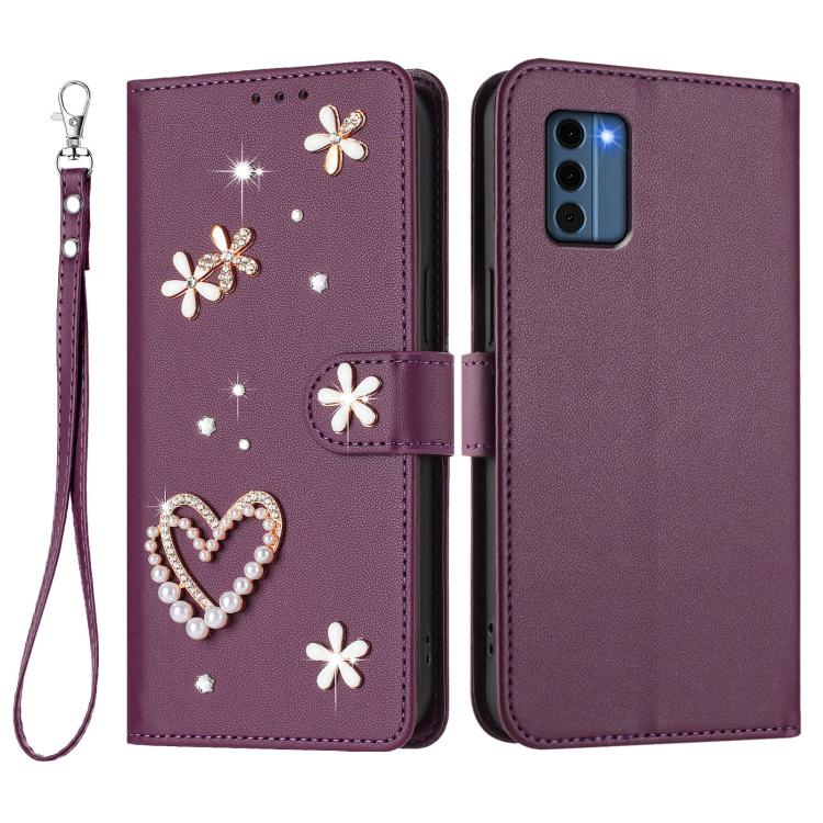 For Nokia C300 ZS01 Double-Layer Heart Floral Vegan Leather Phone Case with Wrist Strap