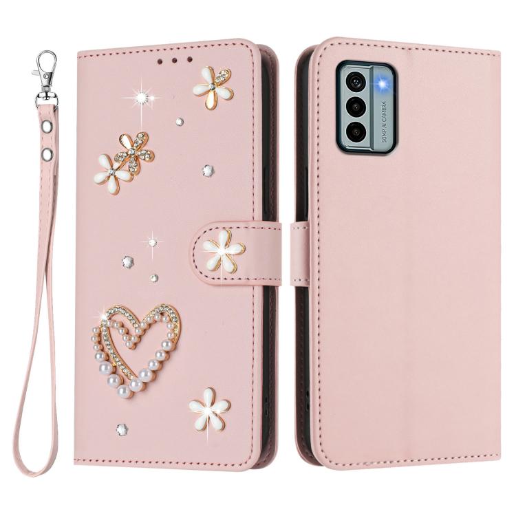 For Nokia G22 ZS01 Double-Layer Heart Floral Vegan Leather Phone Case with Wrist Strap