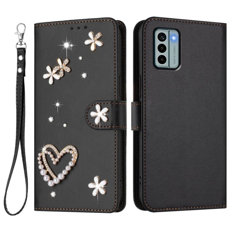 For Nokia G22 ZS01 Double-Layer Heart Floral Vegan Leather Phone Case with Wrist Strap