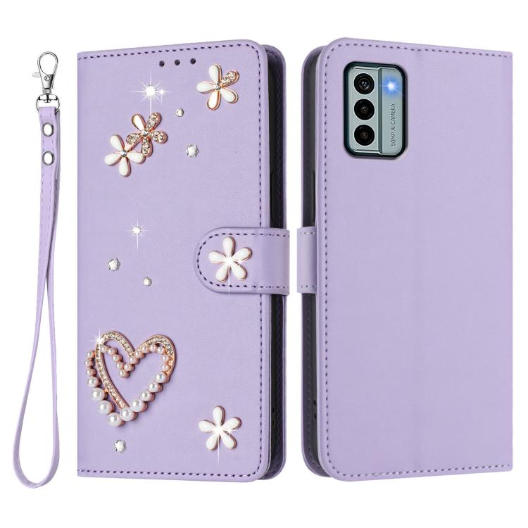 For Nokia G22 ZS01 Double-Layer Heart Floral Vegan Leather Phone Case with Wrist Strap