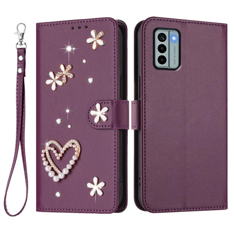 For Nokia G22 ZS01 Double-Layer Heart Floral Vegan Leather Phone Case with Wrist Strap