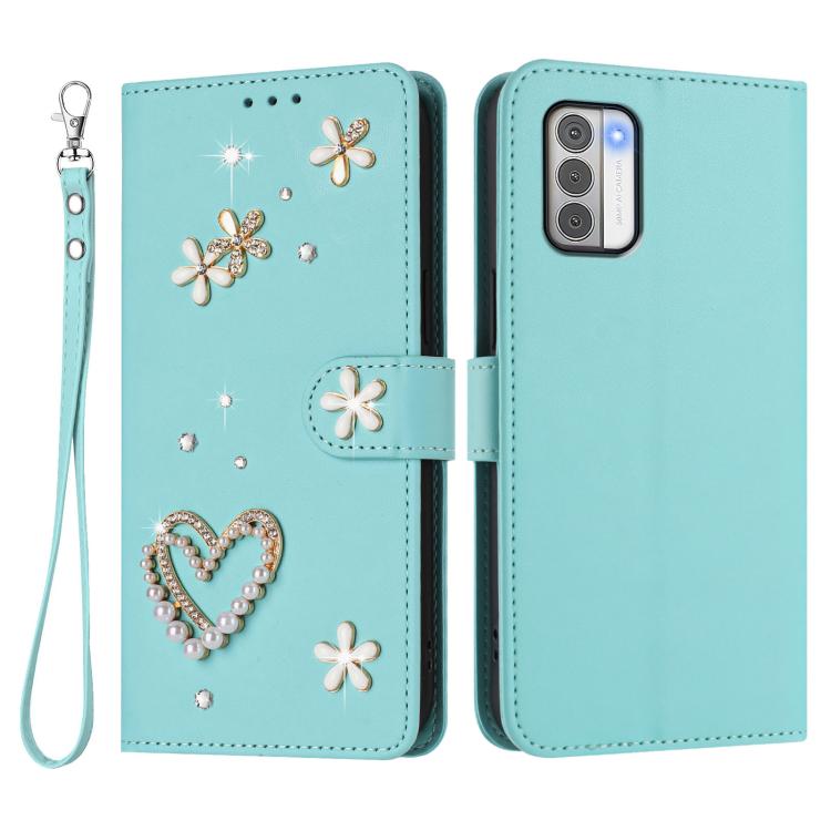 For Nokia G42 / G310 ZS01 Double-Layer Heart Floral Vegan Leather Phone Case with Wrist Strap
