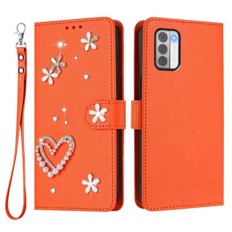 For Nokia G42 / G310 ZS01 Double-Layer Heart Floral Vegan Leather Phone Case with Wrist Strap