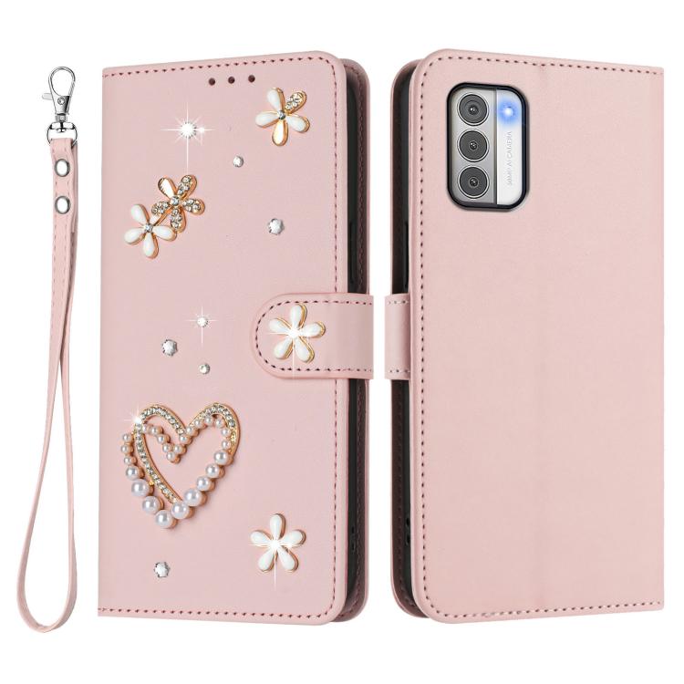 For Nokia G42 / G310 ZS01 Double-Layer Heart Floral Vegan Leather Phone Case with Wrist Strap