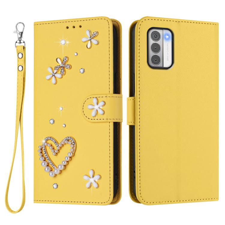 For Nokia G42 / G310 ZS01 Double-Layer Heart Floral Vegan Leather Phone Case with Wrist Strap