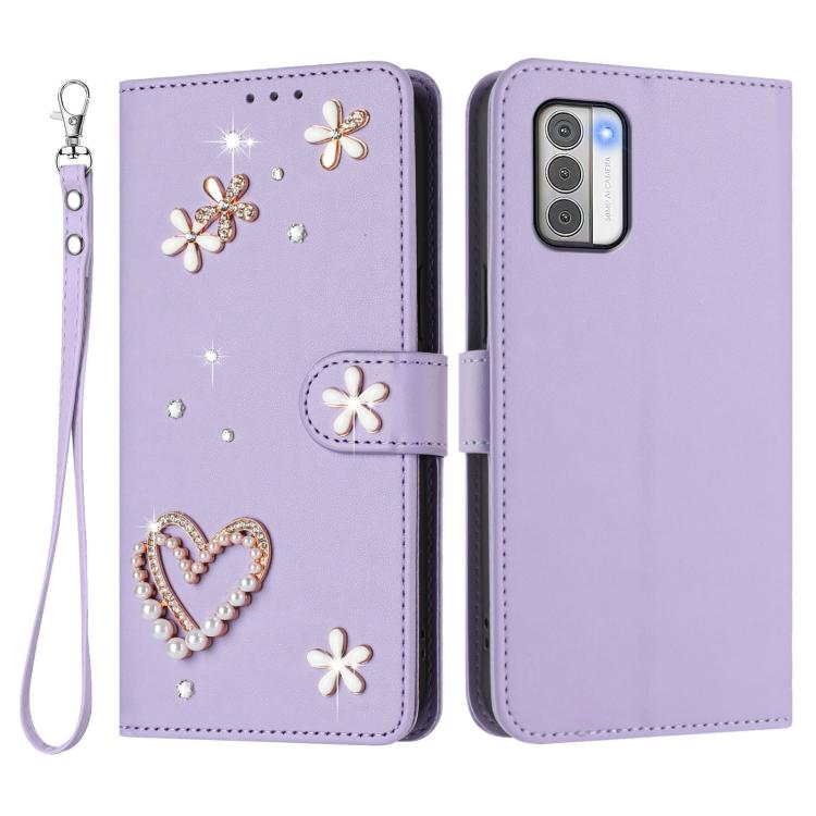For Nokia G42 / G310 ZS01 Double-Layer Heart Floral Vegan Leather Phone Case with Wrist Strap