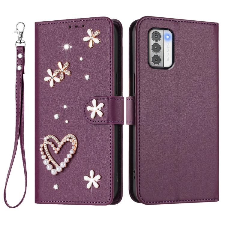 For Nokia G42 / G310 ZS01 Double-Layer Heart Floral Vegan Leather Phone Case with Wrist Strap