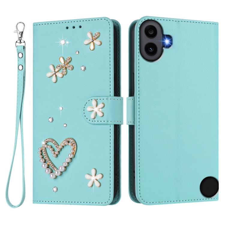 For Nothing CMF Phone 1 ZS01 Double-Layer Heart Floral Vegan Leather Phone Case with Wrist Strap