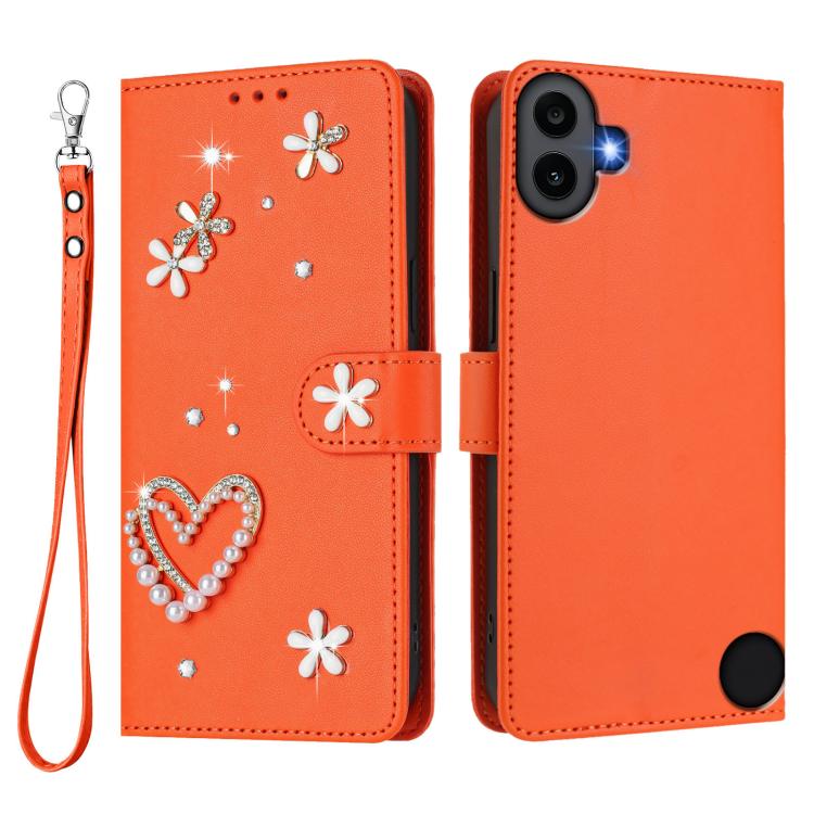 For Nothing CMF Phone 1 ZS01 Double-Layer Heart Floral Vegan Leather Phone Case with Wrist Strap