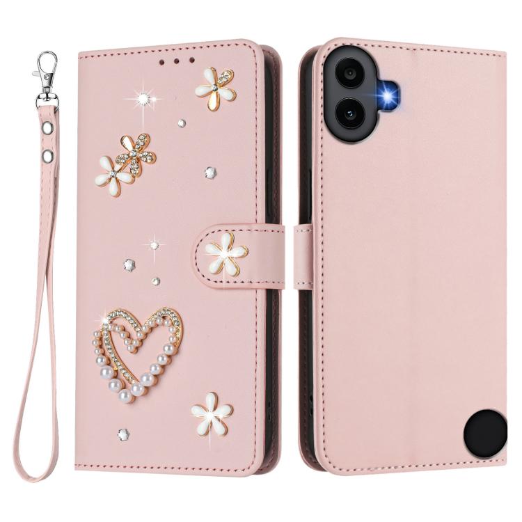 For Nothing CMF Phone 1 ZS01 Double-Layer Heart Floral Vegan Leather Phone Case with Wrist Strap