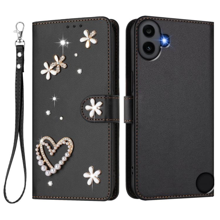 For Nothing CMF Phone 1 ZS01 Double-Layer Heart Floral Vegan Leather Phone Case with Wrist Strap