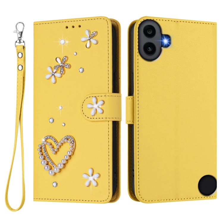 For Nothing CMF Phone 1 ZS01 Double-Layer Heart Floral Vegan Leather Phone Case with Wrist Strap