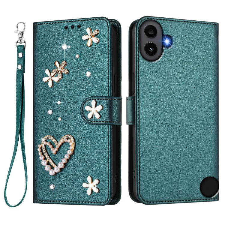For Nothing CMF Phone 1 ZS01 Double-Layer Heart Floral Vegan Leather Phone Case with Wrist Strap