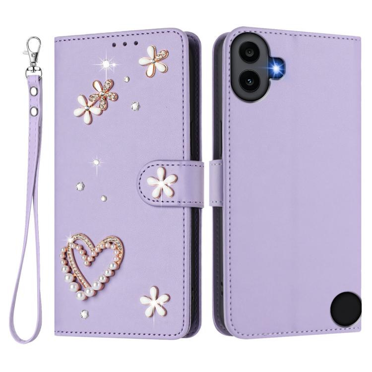 For Nothing CMF Phone 1 ZS01 Double-Layer Heart Floral Vegan Leather Phone Case with Wrist Strap