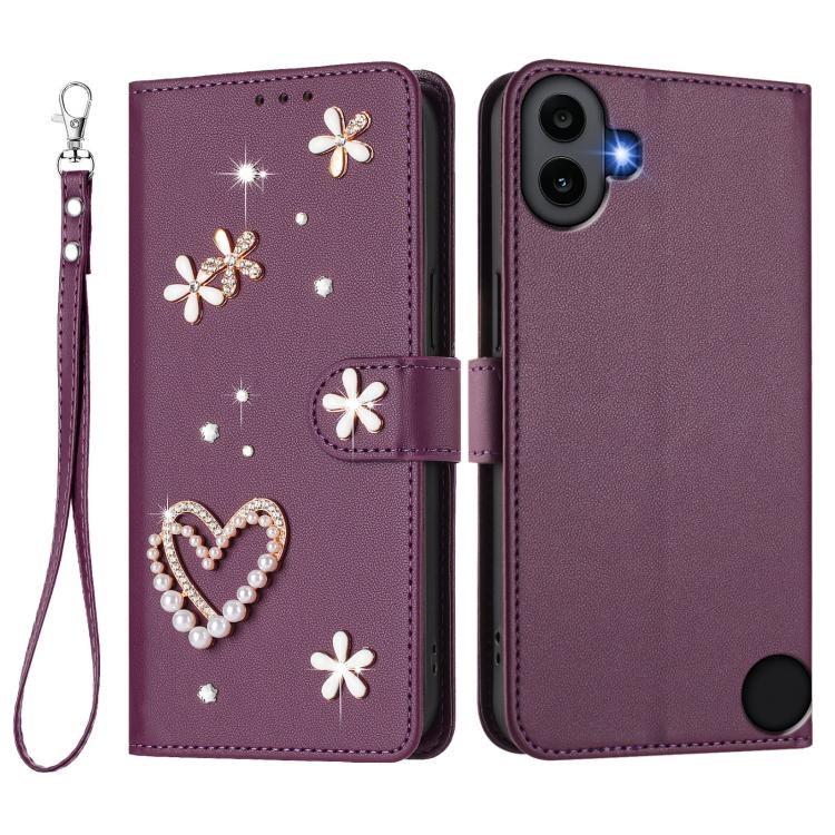 For Nothing CMF Phone 1 ZS01 Double-Layer Heart Floral Vegan Leather Phone Case with Wrist Strap