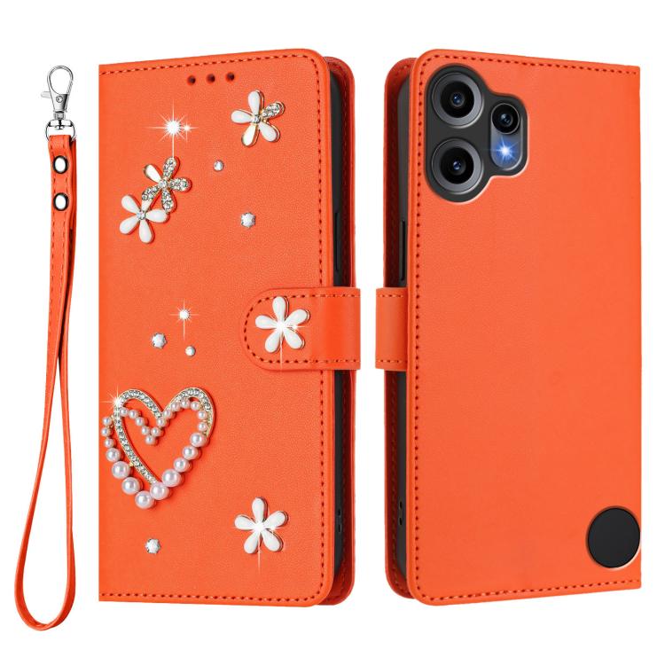 For Nothing CMF Phone 2 Pro ZS01 Double-Layer Heart Floral Vegan Leather Phone Case with Wrist Strap