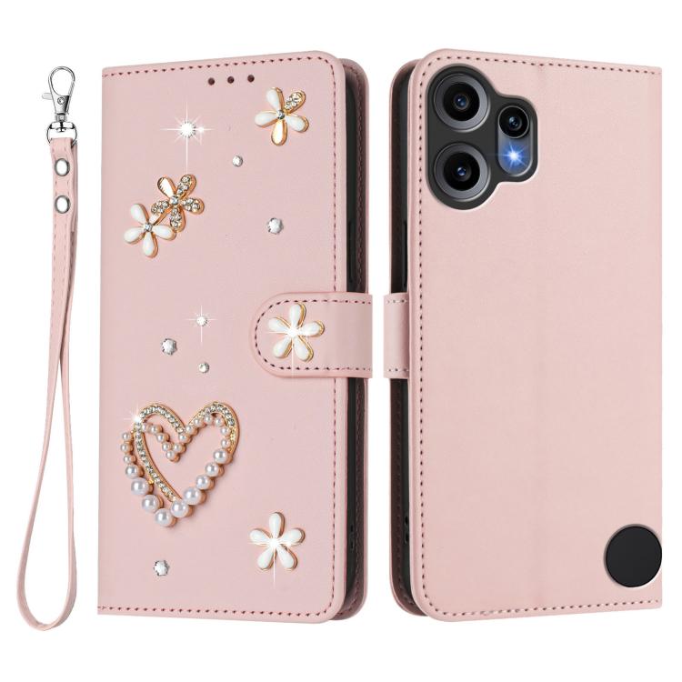 For Nothing CMF Phone 2 Pro ZS01 Double-Layer Heart Floral Vegan Leather Phone Case with Wrist Strap