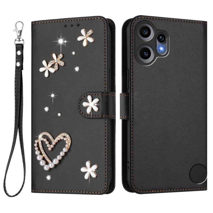 For Nothing CMF Phone 2 Pro ZS01 Double-Layer Heart Floral Vegan Leather Phone Case with Wrist Strap