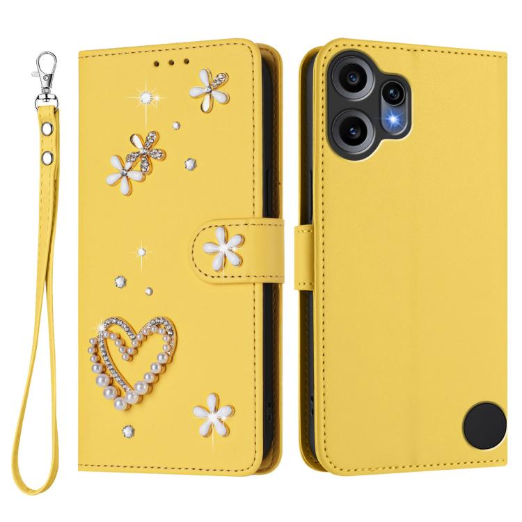 For Nothing CMF Phone 2 Pro ZS01 Double-Layer Heart Floral Vegan Leather Phone Case with Wrist Strap