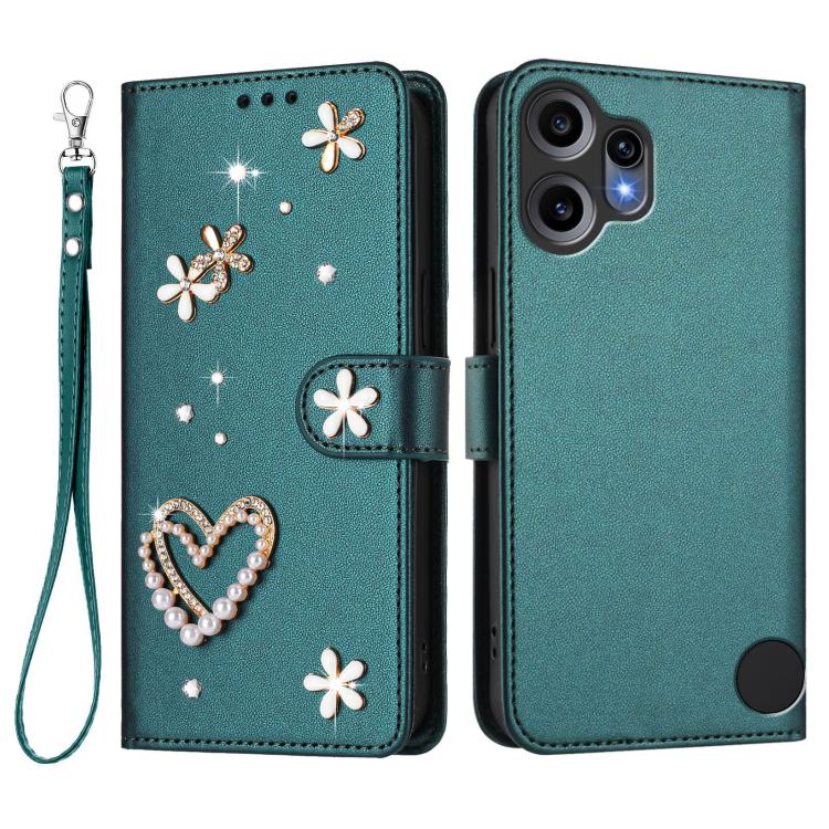 For Nothing CMF Phone 2 Pro ZS01 Double-Layer Heart Floral Vegan Leather Phone Case with Wrist Strap