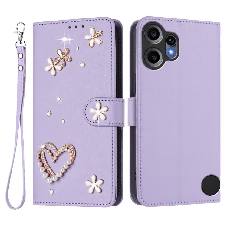 For Nothing CMF Phone 2 Pro ZS01 Double-Layer Heart Floral Vegan Leather Phone Case with Wrist Strap
