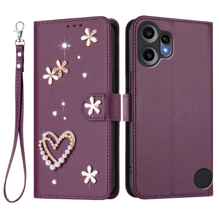 For Nothing CMF Phone 2 Pro ZS01 Double-Layer Heart Floral Vegan Leather Phone Case with Wrist Strap