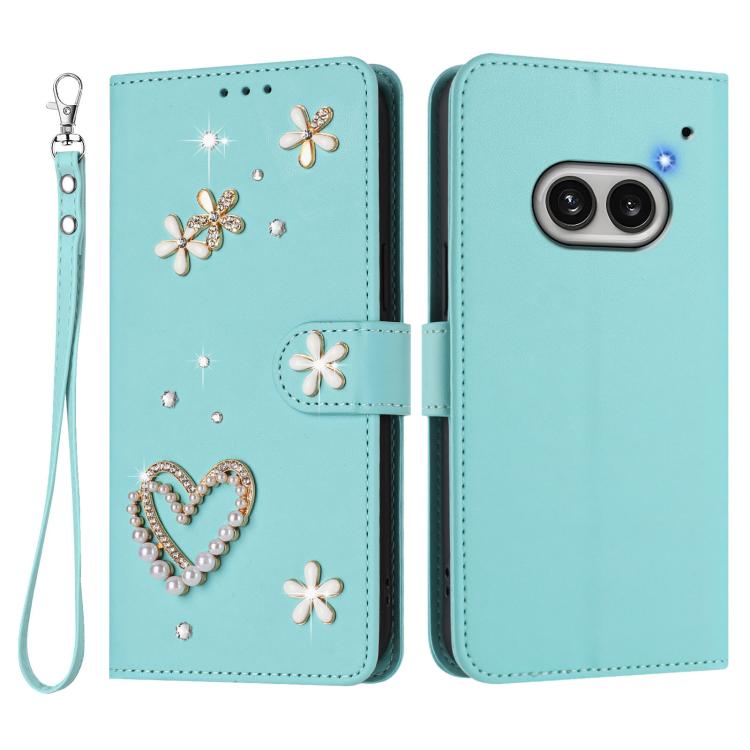 For Nothing Phone 2a ZS01 Double-Layer Heart Floral Vegan Leather Phone Case with Wrist Strap