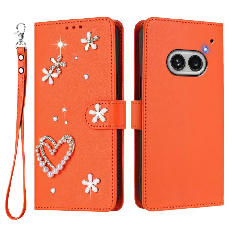 For Nothing Phone 2a ZS01 Double-Layer Heart Floral Vegan Leather Phone Case with Wrist Strap