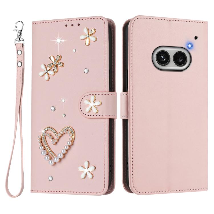 For Nothing Phone 2a ZS01 Double-Layer Heart Floral Vegan Leather Phone Case with Wrist Strap
