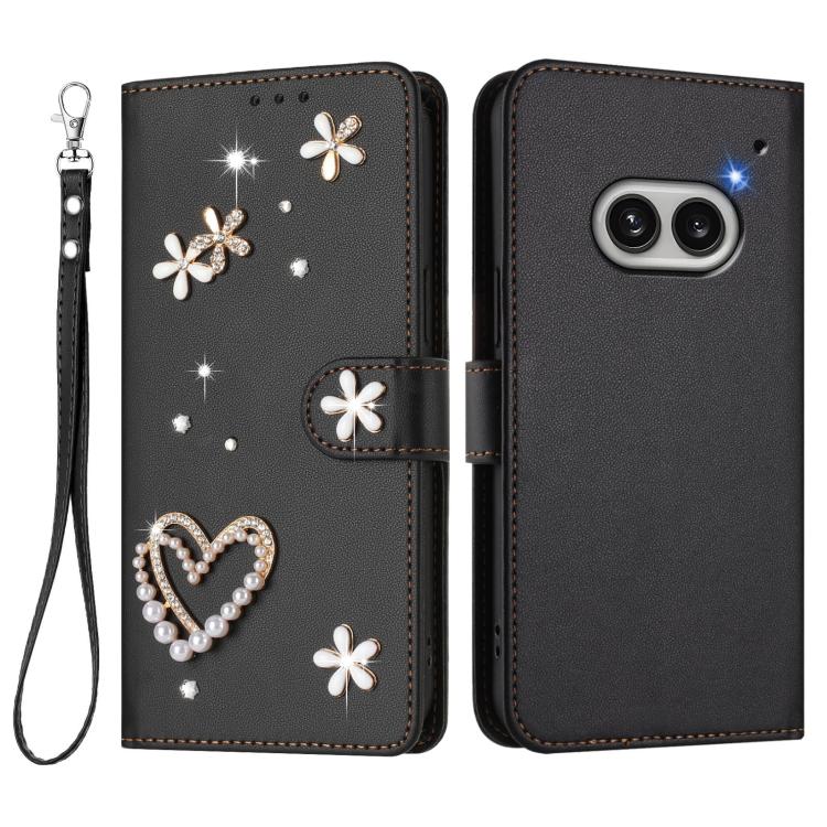 For Nothing Phone 2a ZS01 Double-Layer Heart Floral Vegan Leather Phone Case with Wrist Strap