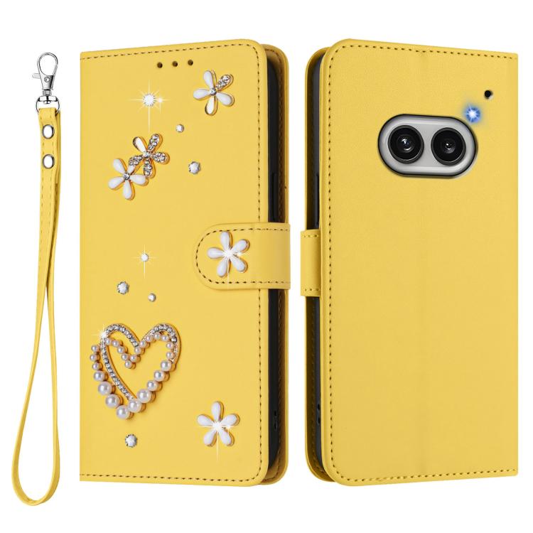 For Nothing Phone 2a ZS01 Double-Layer Heart Floral Vegan Leather Phone Case with Wrist Strap