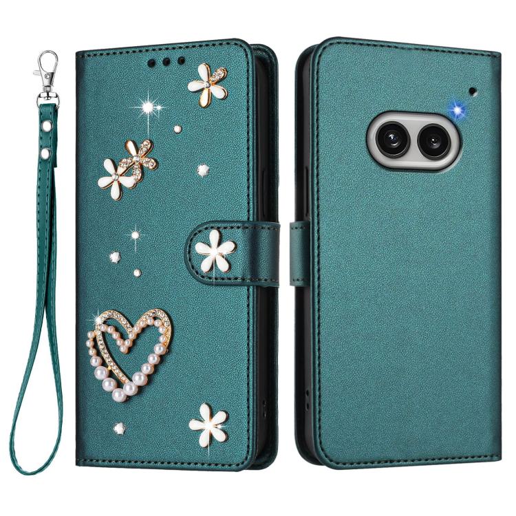 For Nothing Phone 2a ZS01 Double-Layer Heart Floral Vegan Leather Phone Case with Wrist Strap
