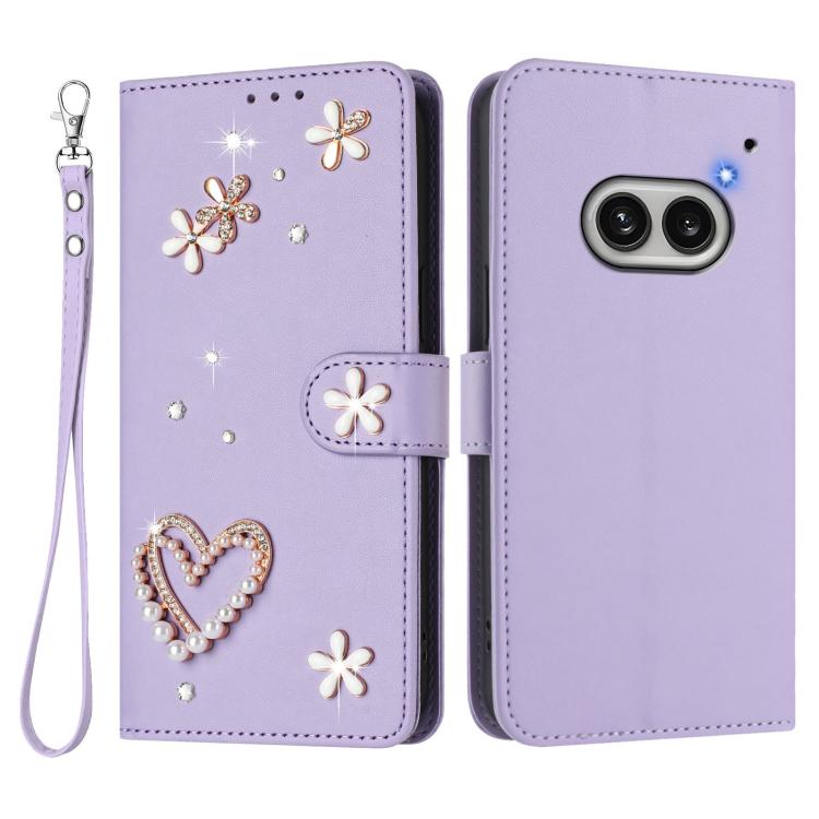 For Nothing Phone 2a ZS01 Double-Layer Heart Floral Vegan Leather Phone Case with Wrist Strap