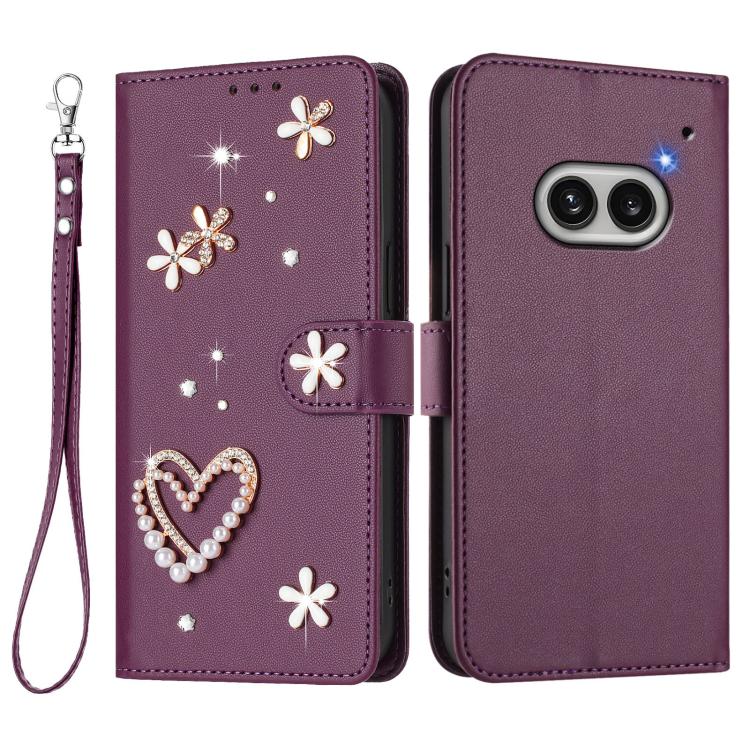 For Nothing Phone 2a ZS01 Double-Layer Heart Floral Vegan Leather Phone Case with Wrist Strap