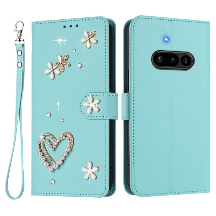 For Nothing Phone 3a ZS01 Double-Layer Heart Floral Vegan Leather Phone Case with Wrist Strap