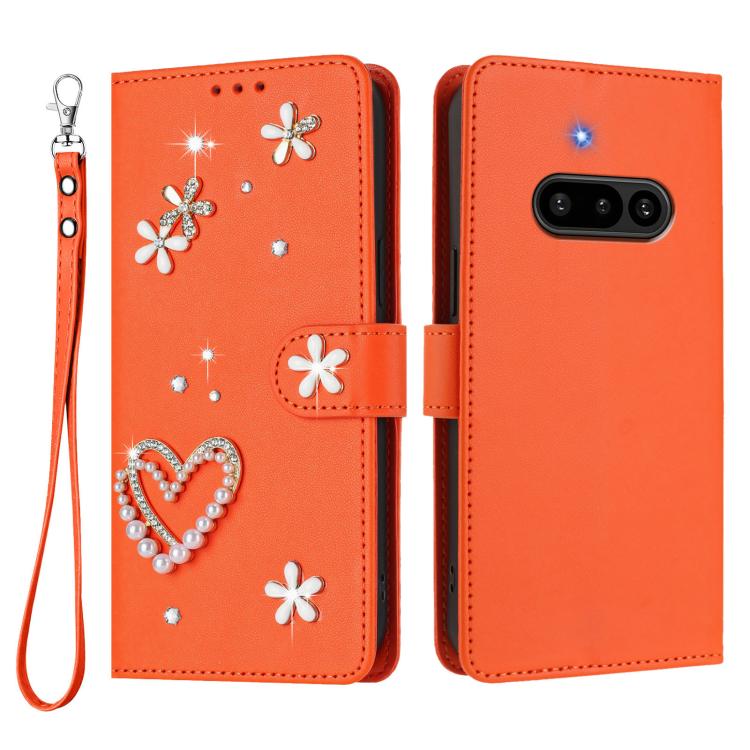 For Nothing Phone 3a ZS01 Double-Layer Heart Floral Vegan Leather Phone Case with Wrist Strap