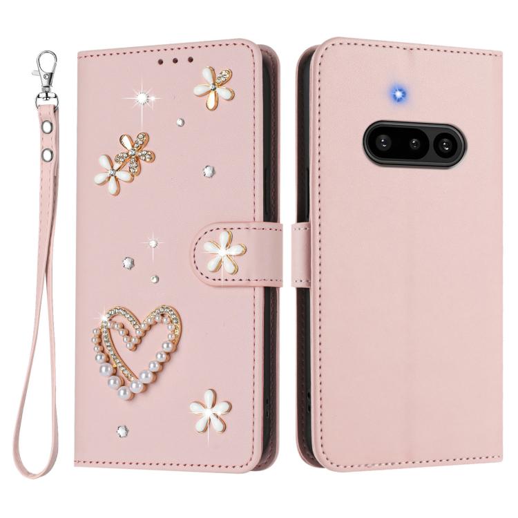For Nothing Phone 3a ZS01 Double-Layer Heart Floral Vegan Leather Phone Case with Wrist Strap