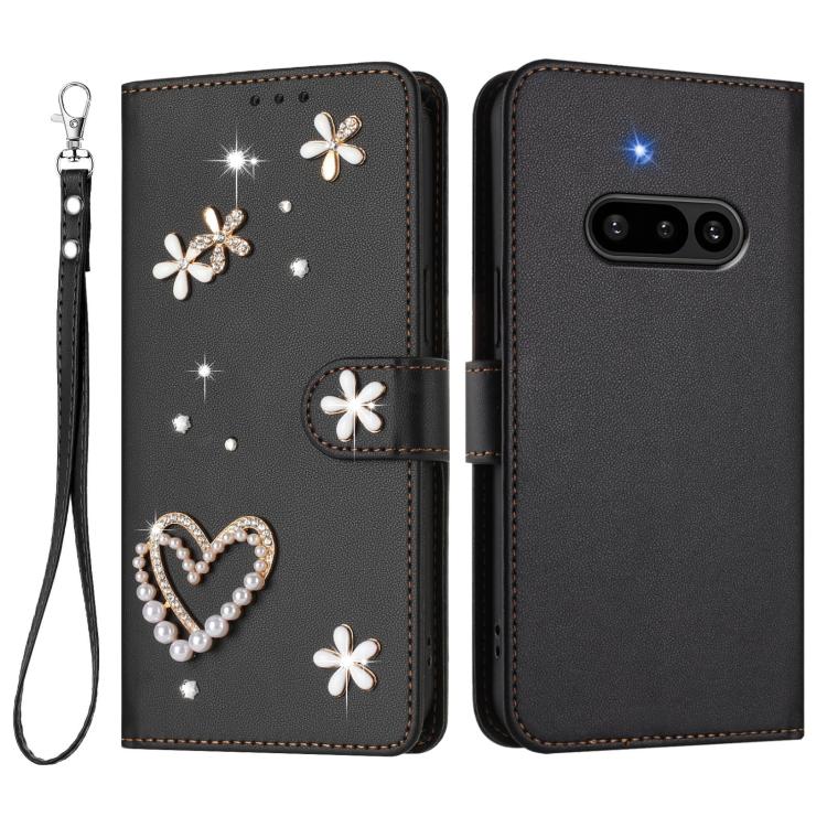 For Nothing Phone 3a ZS01 Double-Layer Heart Floral Vegan Leather Phone Case with Wrist Strap