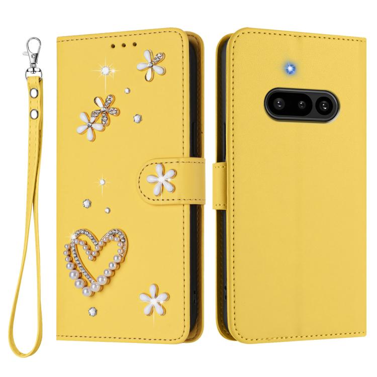 For Nothing Phone 3a ZS01 Double-Layer Heart Floral Vegan Leather Phone Case with Wrist Strap