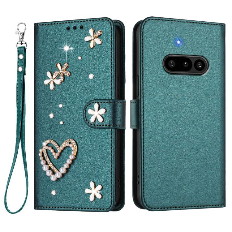 For Nothing Phone 3a ZS01 Double-Layer Heart Floral Vegan Leather Phone Case with Wrist Strap