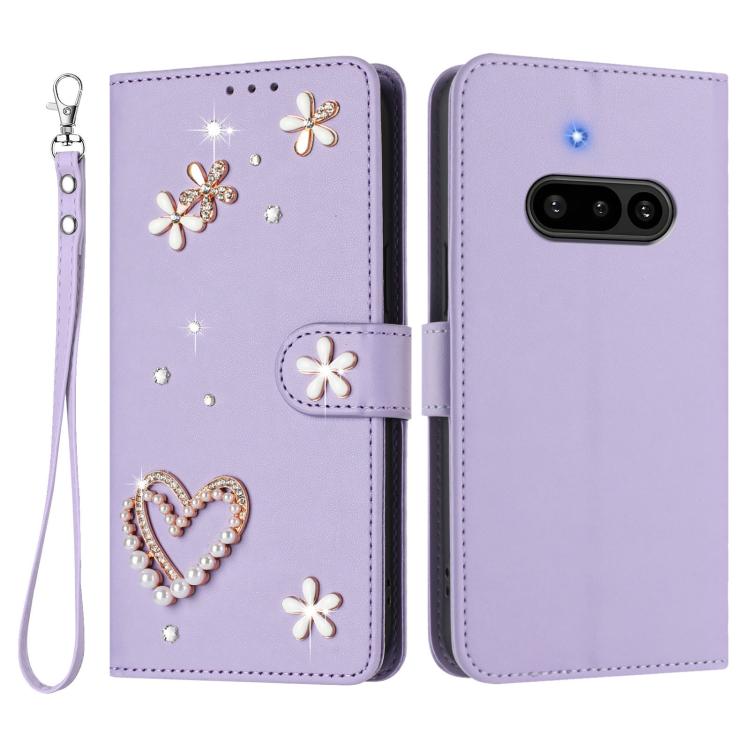For Nothing Phone 3a ZS01 Double-Layer Heart Floral Vegan Leather Phone Case with Wrist Strap