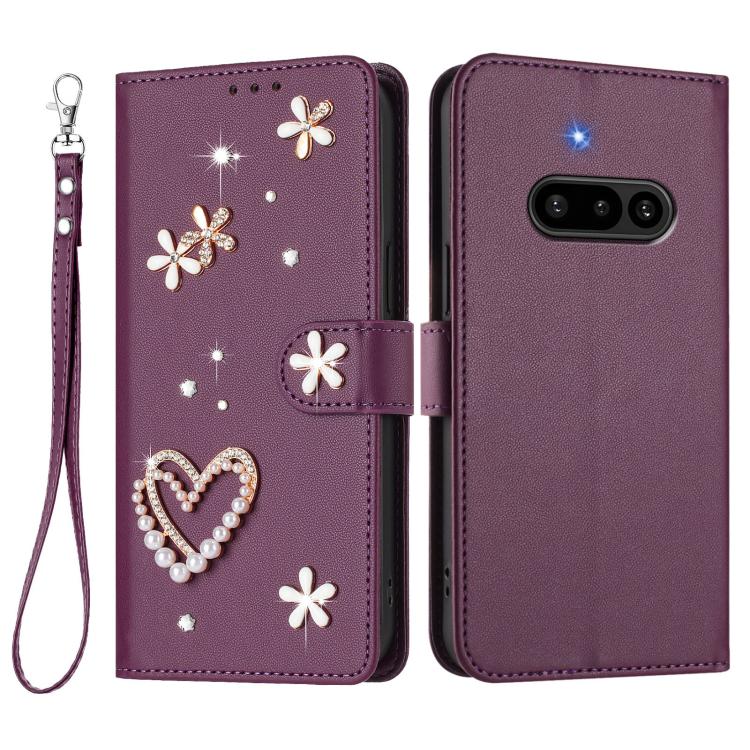 For Nothing Phone 3a ZS01 Double-Layer Heart Floral Vegan Leather Phone Case with Wrist Strap