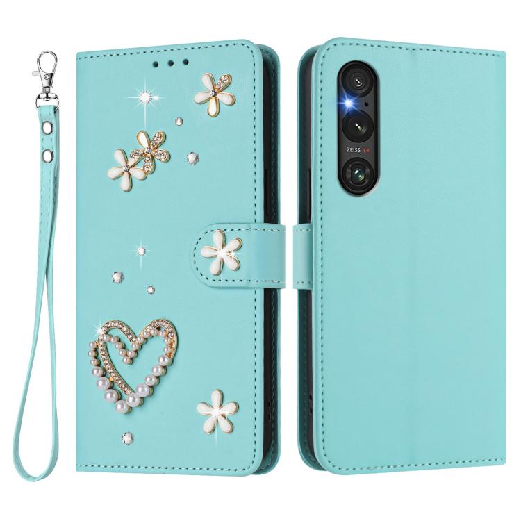 For Sony Xperia 1 V ZS01 Double-Layer Heart Floral Vegan Leather Phone Case with Wrist Strap