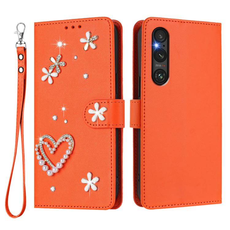For Sony Xperia 1 V ZS01 Double-Layer Heart Floral Vegan Leather Phone Case with Wrist Strap