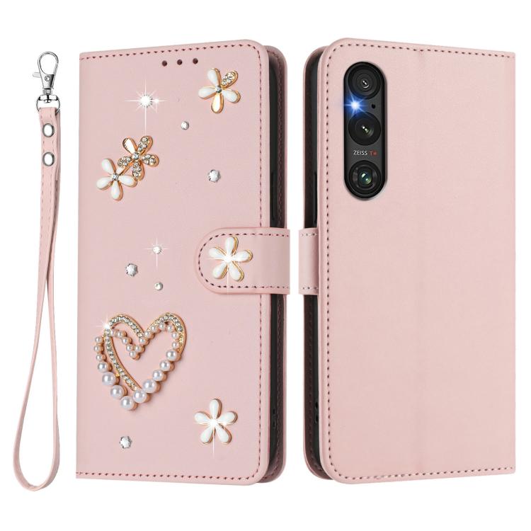 For Sony Xperia 1 V ZS01 Double-Layer Heart Floral Vegan Leather Phone Case with Wrist Strap