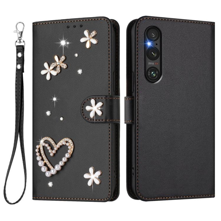For Sony Xperia 1 V ZS01 Double-Layer Heart Floral Vegan Leather Phone Case with Wrist Strap