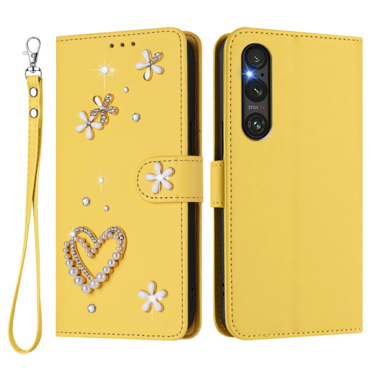 For Sony Xperia 1 V ZS01 Double-Layer Heart Floral Vegan Leather Phone Case with Wrist Strap