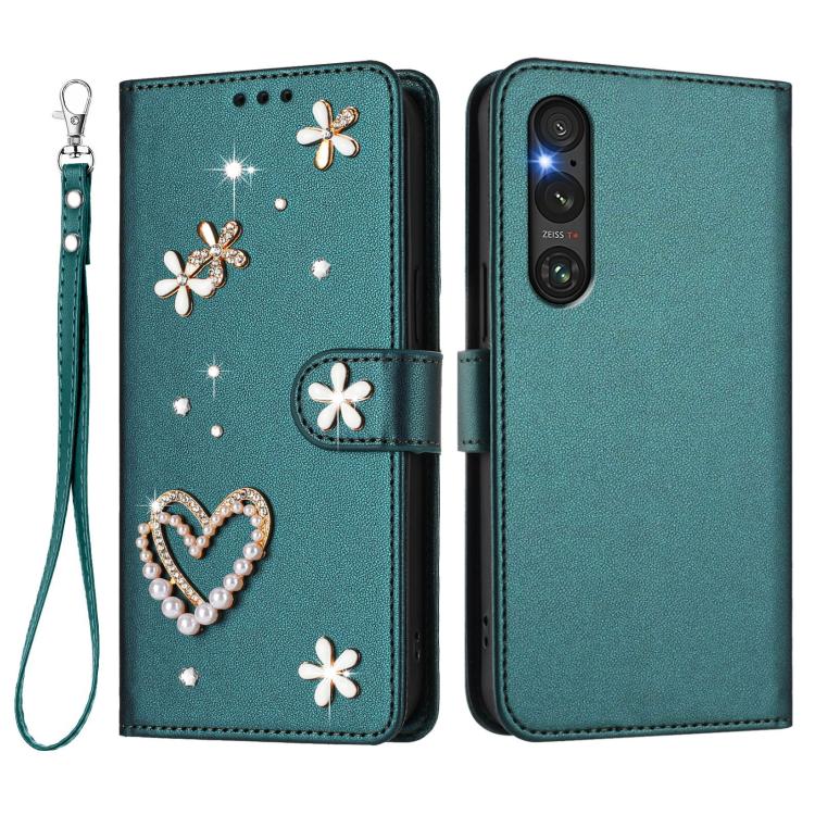 For Sony Xperia 1 V ZS01 Double-Layer Heart Floral Vegan Leather Phone Case with Wrist Strap