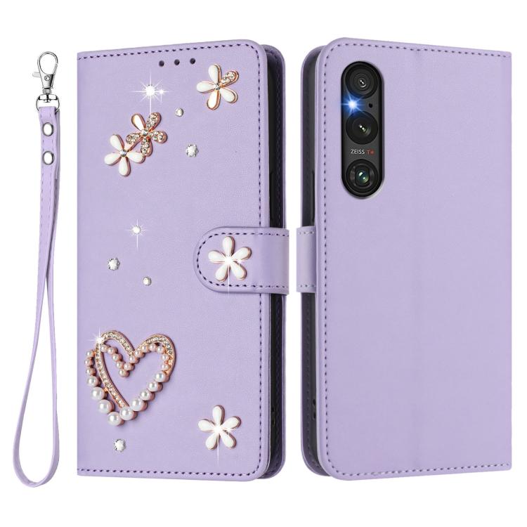 For Sony Xperia 1 V ZS01 Double-Layer Heart Floral Vegan Leather Phone Case with Wrist Strap